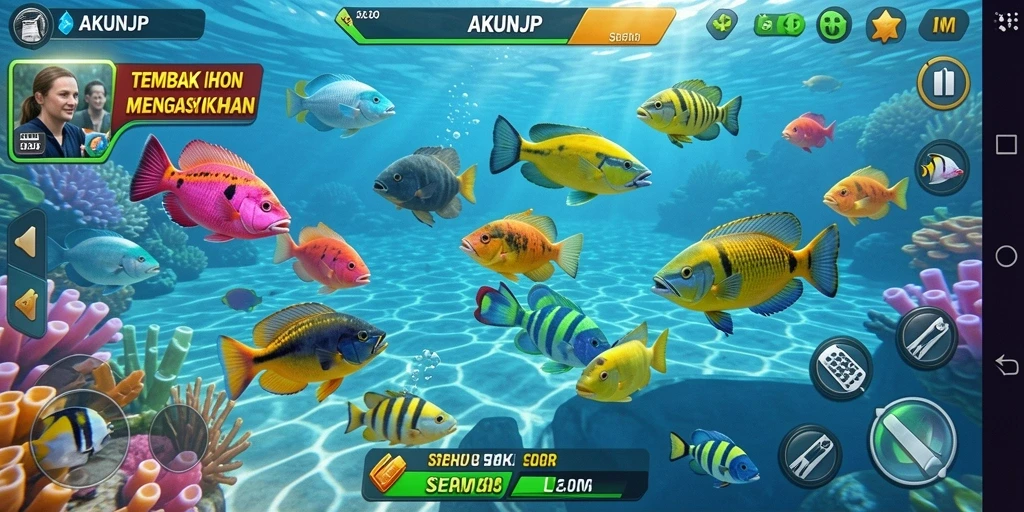 Tampilan gameplay seru dengan beragam ikan yang bisa diburu.