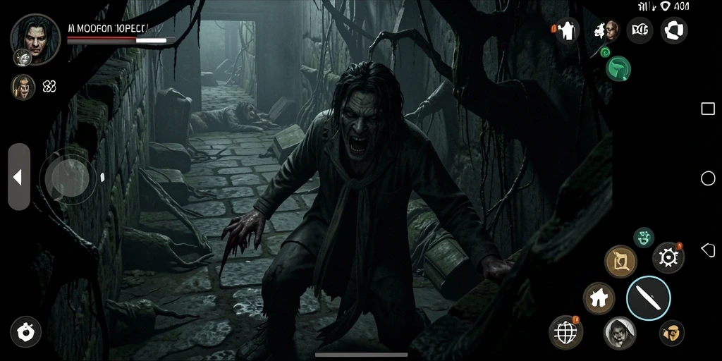 Screenshot MPO08 menampilkan suasana menyeramkan di dalam game yang gelap.