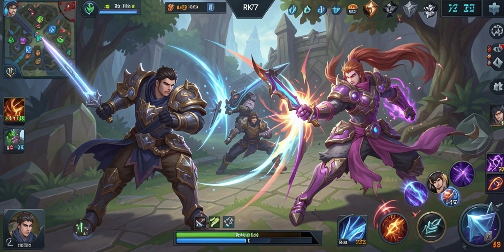 Screenshot gameplay RK77 menampilkan aksi seru dalam pertarungan MOBA.