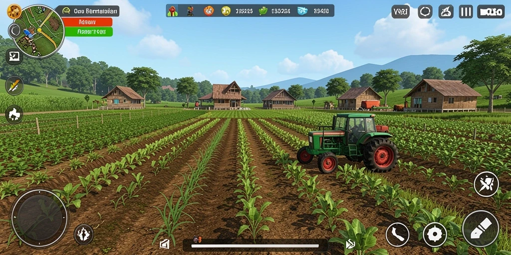 Tampilan menarik dari gameplay V98 yang penuh warna dan aktivitas pertanian.
