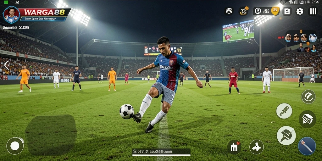 Screenshot utama WARGA88 menampilkan gameplay seru sepak bola.